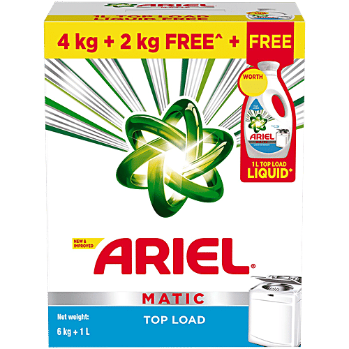 Ariel Matic Top Load Detergent Powder, 6 kg (Get 1 L Matic Liquid Free) Remove Tough Stains, Bright Guard