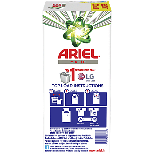 Ariel Matic Top Load Detergent Powder, 6 kg (Get 1 L Matic Liquid Free) Remove Tough Stains, Bright Guard
