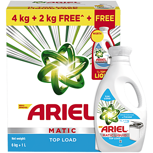 Ariel Matic Top Load Detergent Powder, 6 kg (Get 1 L Matic Liquid Free) Remove Tough Stains, Bright Guard
