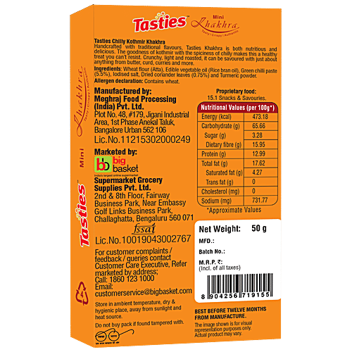 Tasties Whole Wheat Mini Khakhra - Chilly Kothmir, 50 g  
