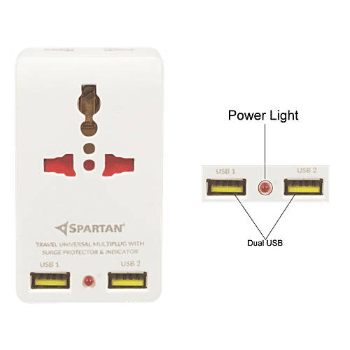 Spartan Multiplug Adaptor - Plastic, With Built-In Dual USB Charger Ports, 1 pc  White