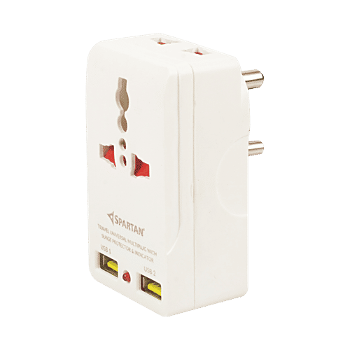 Spartan Multiplug Adaptor - Plastic, With Built-In Dual USB Charger Ports, 1 pc  White