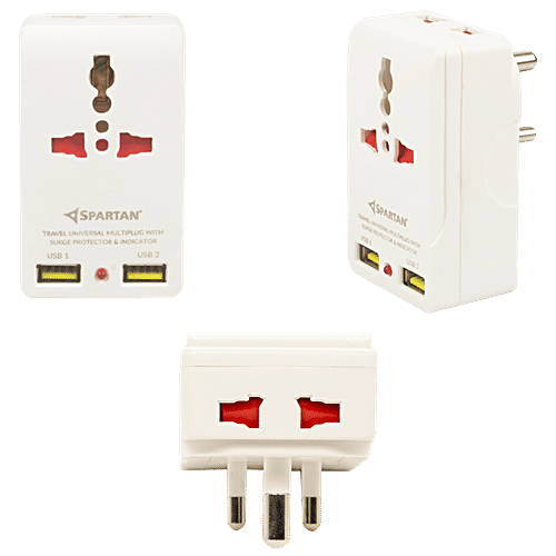 Spartan Multiplug Adaptor - Plastic, With Built-In Dual USB Charger Ports, 1 pc  White