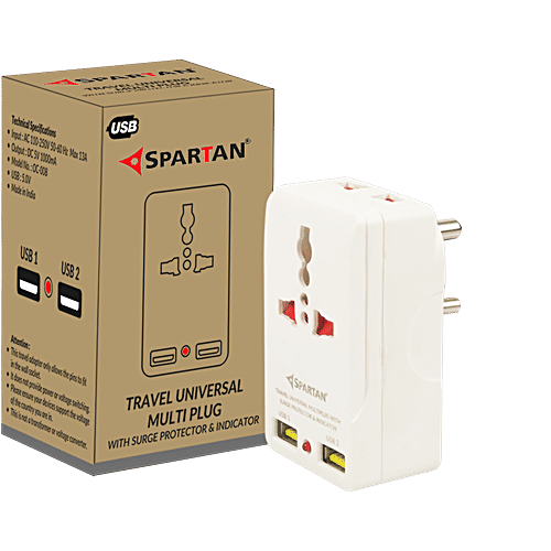 Spartan Multiplug Adaptor - Plastic, With Built-In Dual USB Charger Ports, 1 pc  White