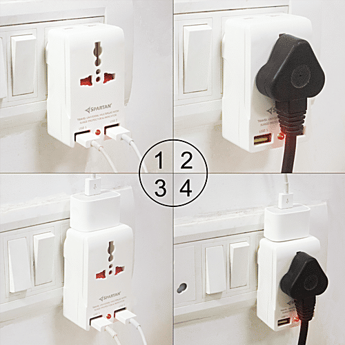 Spartan Multiplug Adaptor - Plastic, With Built-In Dual USB Charger Ports, 1 pc  White