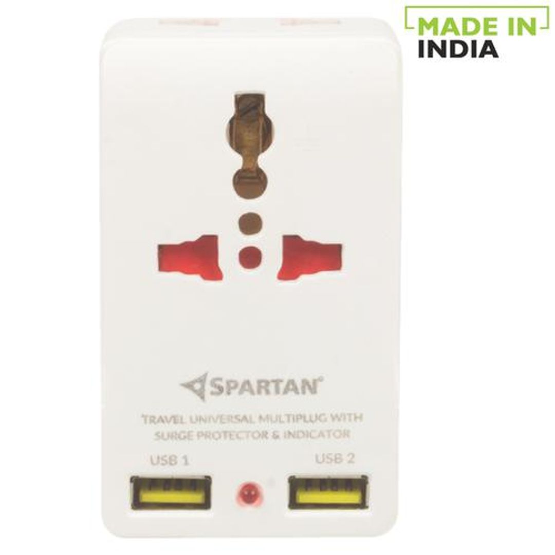 Spartan Multiplug Adaptor - Plastic, With Built-In Dual USB Charger Ports, 1 pc 