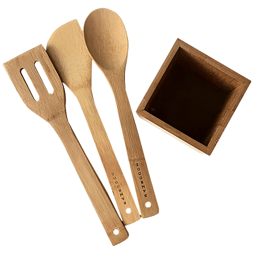 Bamboooz Kitchen Tools Set With Holder Made Of Bamboo Wood - Spatula, Ladle, Turner, 4 pcs  