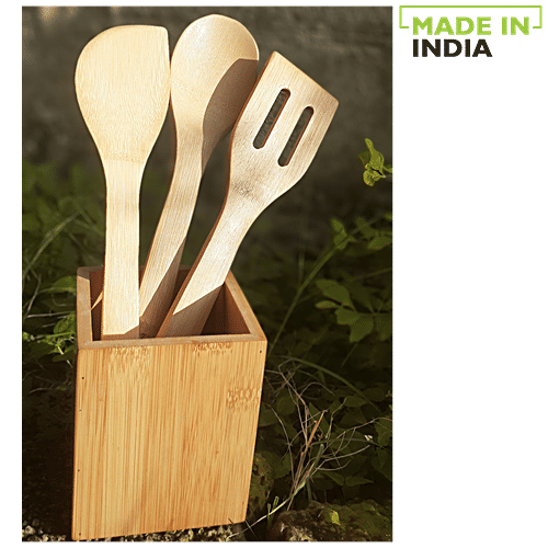 Bamboooz Kitchen Tools Set With Holder Made Of Bamboo Wood - Spatula, Ladle, Turner, 4 pcs  