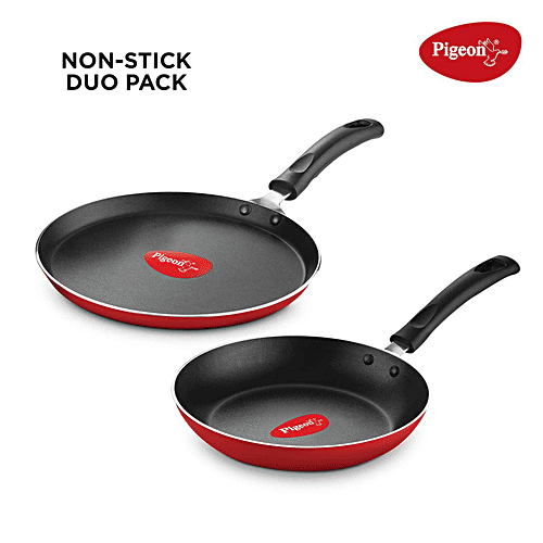 Pigeon by Stovekraft Non-Stick Cookware Set - Favourite, Red, 12417-S, 2 pcs (Tawa 250 mm+Fry Pan 240 mm) 5 Layer Teflon Coating