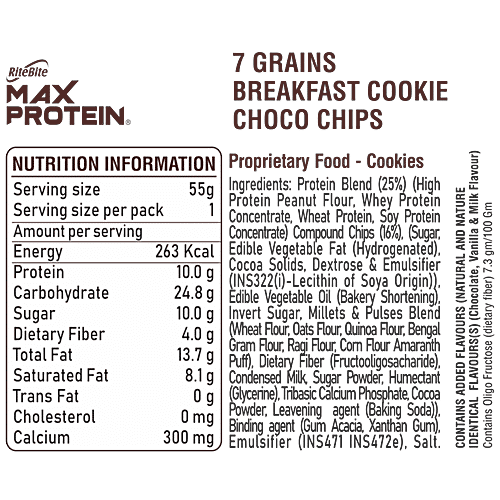 RiteBite Max Protein Choco Chip Cookie - With No Maida, Healthy Biscuit, 7 Grains Protein Snacks, 55 g  No Maida, Soft & Chewy