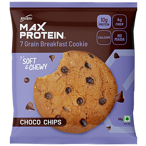 RiteBite Max Protein Choco Chip Cookie - With No Maida, Healthy Biscuit, 7 Grains Protein Snacks, 55 g  No Maida, Soft & Chewy