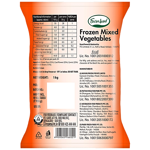 Farmland Frozen Mixed Vegetables - Ready To Cook, 1 kg  No Added Colours or Preservatives