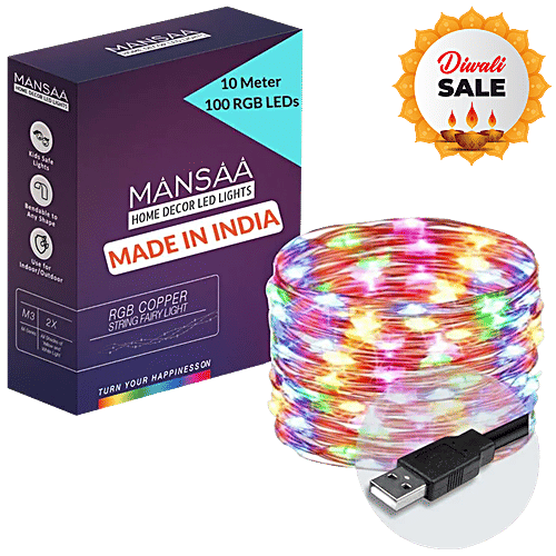 Mansaa USB Copper String Fairy Lights For Home Decor - 10 M, 100 LED, Multicolour, Festive, 1 pc Shock Proof, Christmas, Party, Patio Lawn
