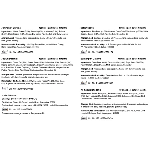 Postcard Gift Box (Jamnagiri Chiwda, Burhanpuri Gathiya, Kolhapuri Bhadang, Jaipuri Dalmeel, Sattur Seeval), 495 g Box Zero Trans Fat