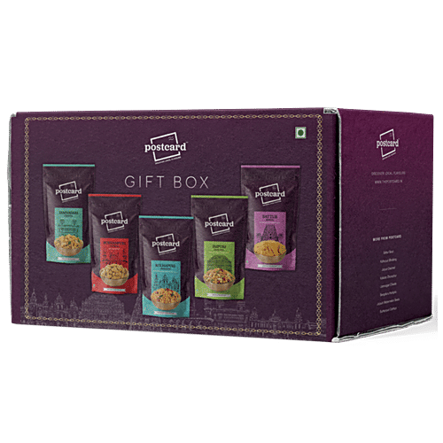 Postcard Gift Box (Jamnagiri Chiwda, Burhanpuri Gathiya, Kolhapuri Bhadang, Jaipuri Dalmeel, Sattur Seeval), 495 g Box Zero Trans Fat