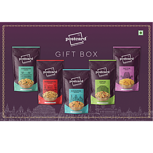 Postcard Gift Box (Jamnagiri Chiwda, Burhanpuri Gathiya, Kolhapuri Bhadang, Jaipuri Dalmeel, Sattur Seeval), 495 g Box Zero Trans Fat