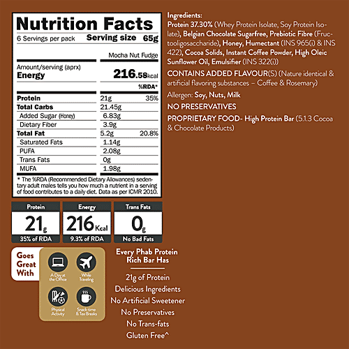 Phab Protein Bar - Mocha Nut Fudge, 65 g (Pack of 6) No Trans Fats & Artificial Sweetener