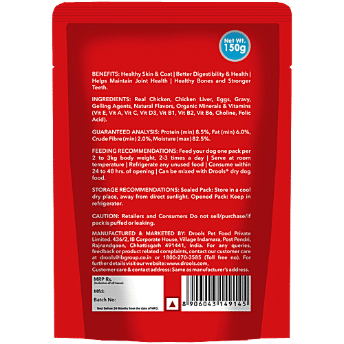Drools Real Chicken & Liver Chunks In Gravy Wet Food For Adult Dogs, 150 g  All Chicken. No Grain