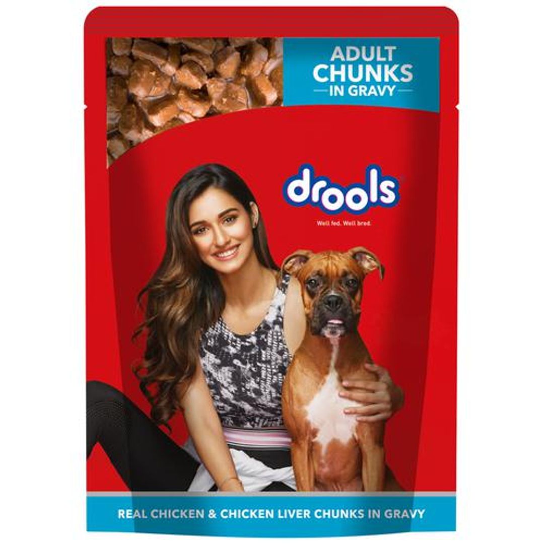 Drools Adult Wet Dog Food - Real Chicken & Chicken Liver Chunks in Gravy, 150 g 