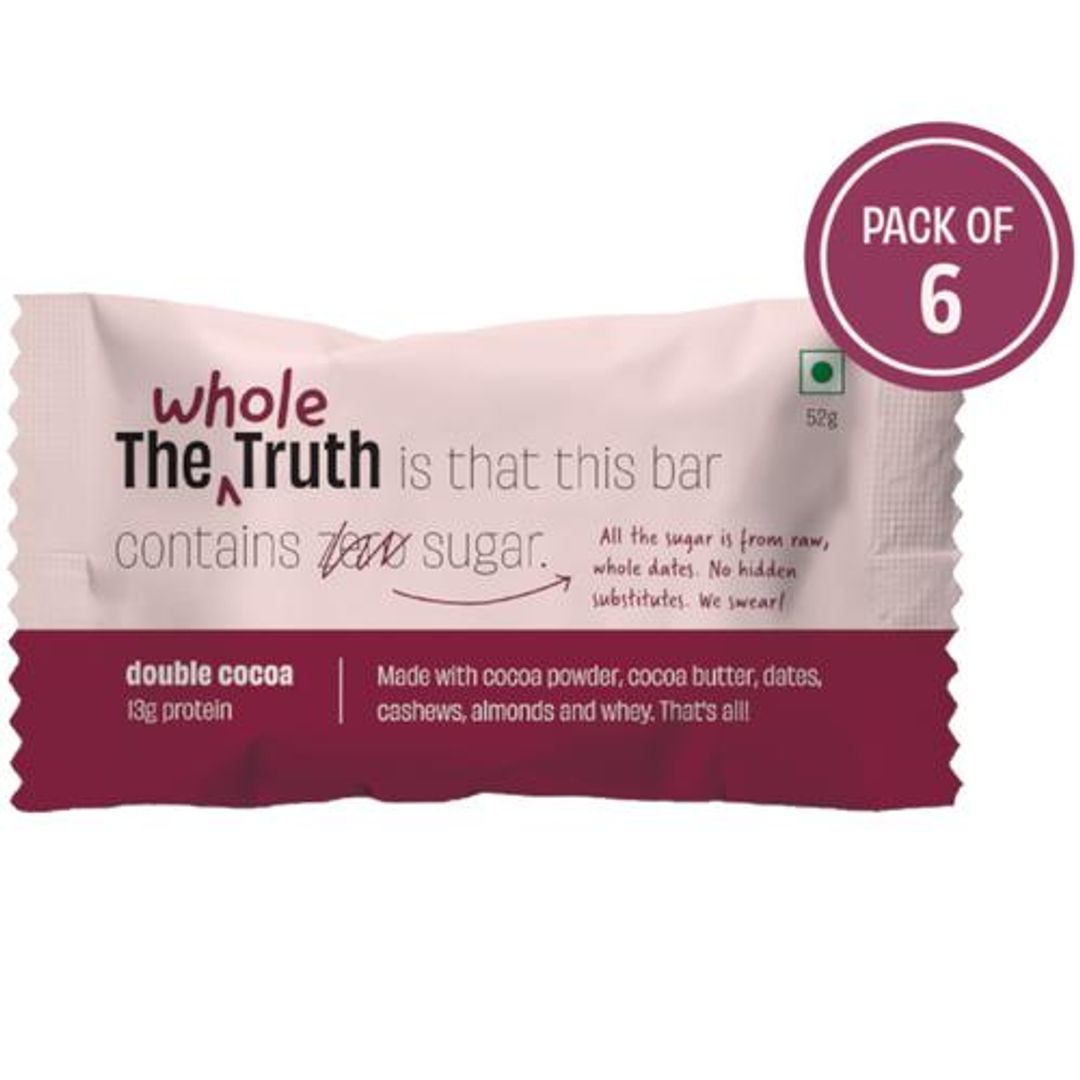 The Whole Truth Protein Bars - Double Cocoa, No Added Sugar, All Natural, 52 g (Pack of 6)
