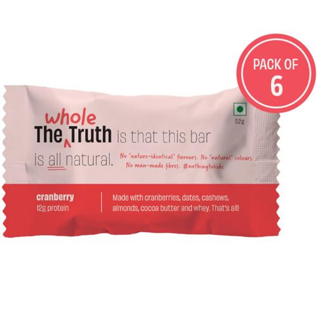 The Whole Truth Protein Bars - Cranberry, No Added Sugar, All Natural, 52 g (Pack of 6)