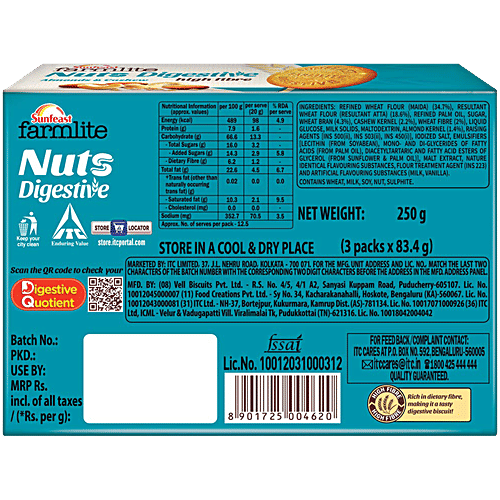 Sunfeast Farmlite Nuts Digestive Biscuit - High Fibre, Goodness of Almonds, Cashews & Wheat Fibre, 250 g Carton Hi-Fibre
