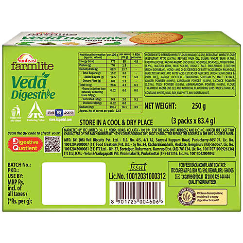 Sunfeast Farmlite Veda Digestive Biscuit - High Fibre, Goodness Of 5 Natural Ingredients & Wheat Fibre, 250 g Carton Hi-Fibre