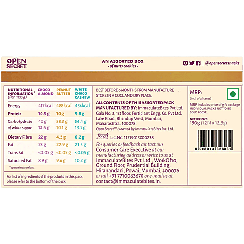 Open Secret Nutty Cookies - Assorted Gift Box, 150 g (12x12.5 g) Guilt Free Cookies, Choco Almond, Peanut Butter, White Choco Cashew, High Protein, Zero Maida