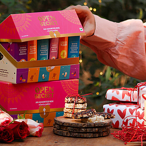Open Secret Nutty Cookies - Assorted Gift Box, 150 g (12x12.5 g) Guilt Free Cookies, Choco Almond, Peanut Butter, White Choco Cashew, High Protein, Zero Maida