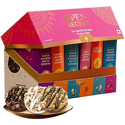 Open Secret Nutty Cookies - Assorted Gift Box, 150 g (12x12.5 g) Guilt Free Cookies, Choco Almond, Peanut Butter, White Choco Cashew, High Protein, Zero Maida