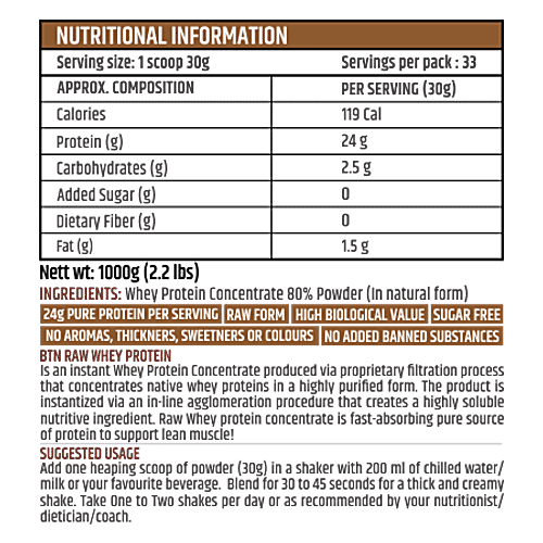 BTN Sports Raw Whey Protein Powder - Concentrate 80%, 33 Servings, 1 kg  
