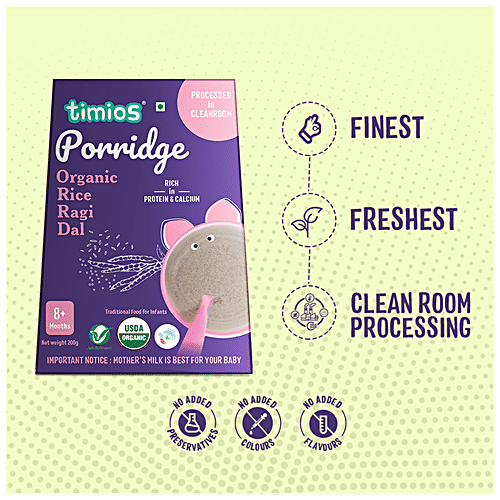 Timios Porridge - Organic Rice, Ragi & Dal, For Babies 8+ Months, 200 g  Rich in Protein & Calcium