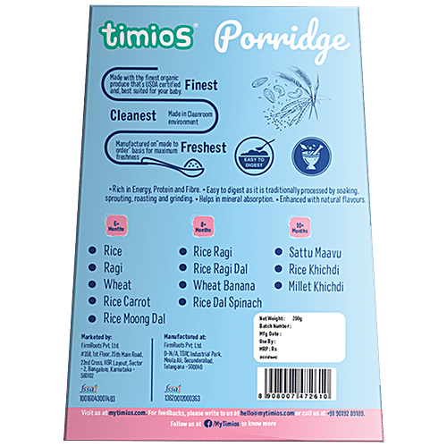 Timios Porridge - Organic Sattu Maavu, For Babies 10+ Months, 200 g  Rich in Protein, No Added Preservatives
