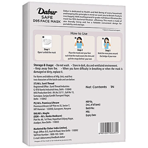 Dabur D95 Safe Face Mask With Valve - White, 12.5 x 2.1 x 17.5 Cm  