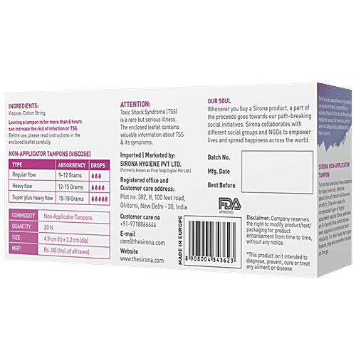 SIRONA FDA Approved Premium Digital Tampons - Medium Flow (40 Tampons), 20 pcs (Pack of 2) Prevent Staining & Odour