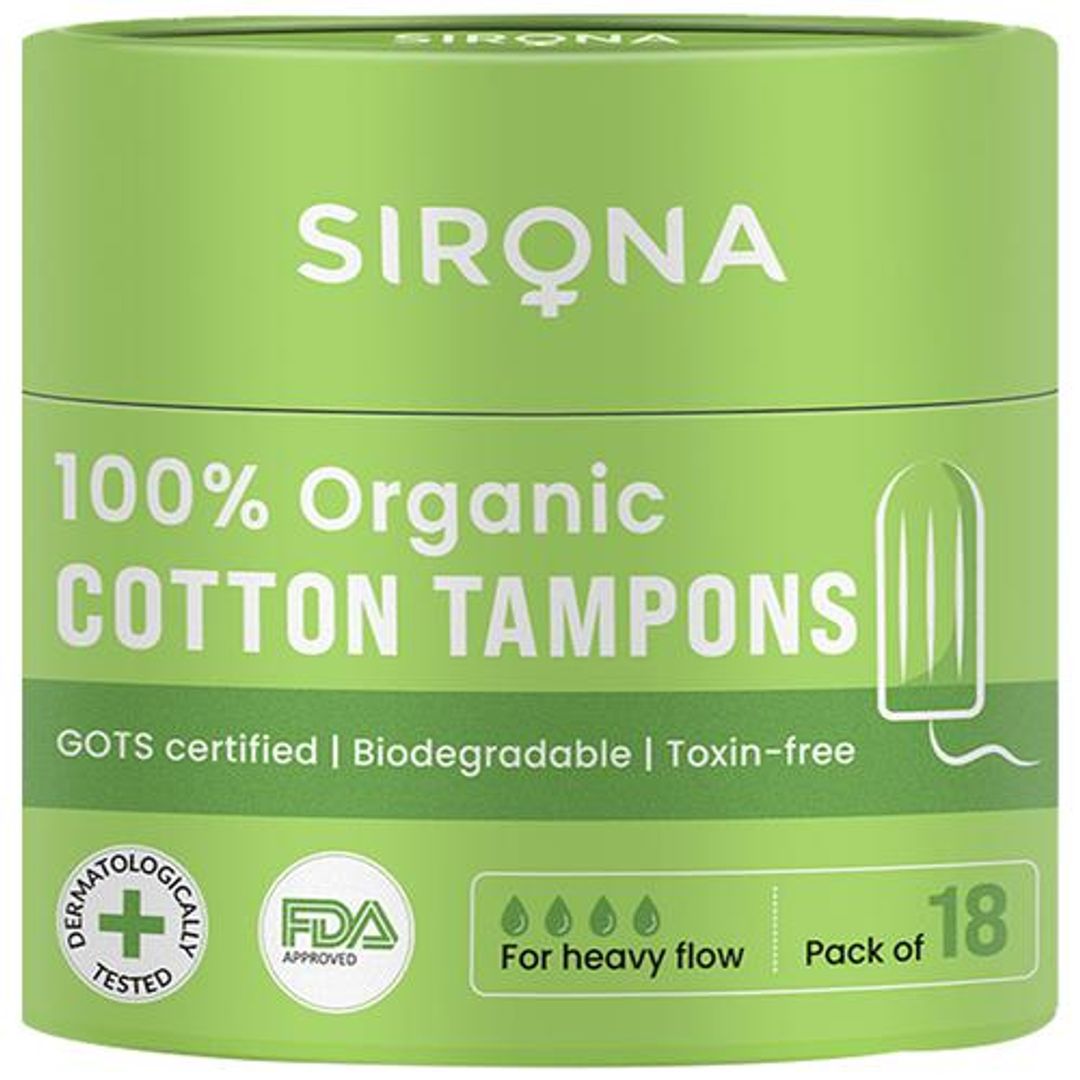 SIRONA FDA Approved 100% Organic Cotton and Biodegradable Tampons - Heavy Flow, 18 pcs 
