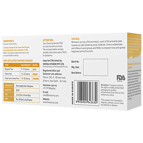 SIRONA Period Made Easy Tampons - 20 Piece | For Super Heavy Flow | Biodegradable Tampons | FDA Approved, 20 pcs  Prevent Staining & Odour