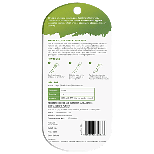 SIRONA Reusable 4 Blade Reusable Body Razor with Aloe Boost For Women, 1 pc  Easy Shave, No Cuts