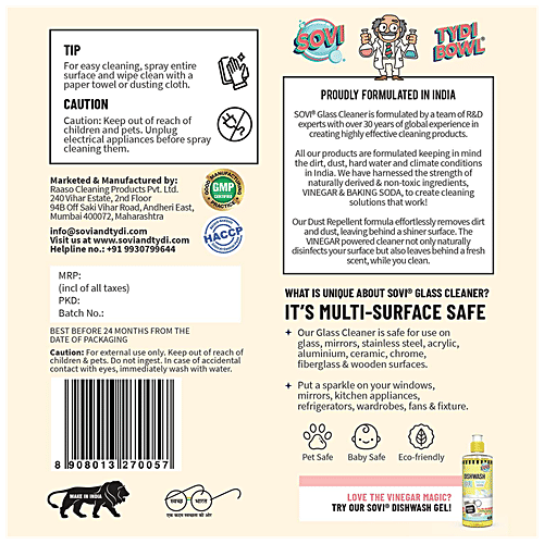 Sovi Eco-Friendly Scented Glass Cleaner - Dust Repellent Formula, Stardust, 500 ml  Eco Friendly, Safe for babies & pets