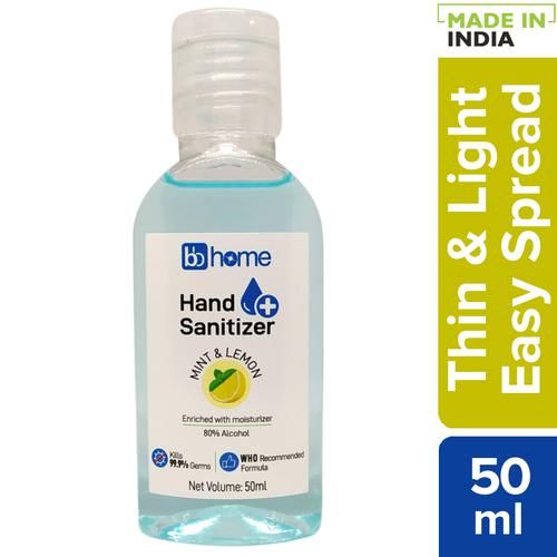 BB Home Hand Sanitizer - Mint & Lemon, Alcohol Based, Kills 99.99% Germs, Enriched with Moisturizer, 50 ml  
