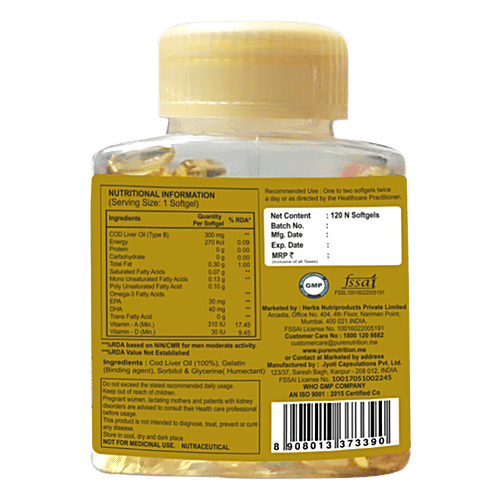 Pure Nutrition Cod Liver Oil Capsule - Improves Bone Strength & Immunity, 120 pcs