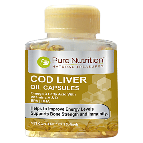 Pure Nutrition Cod Liver Oil Capsule - Improves Bone Strength & Immunity, 120 pcs