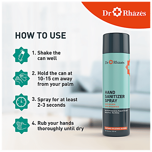 Dr Rhazes Hand Sanitizer Spray - Alcohol Based, Kills 99.9% Bacteria, Fungi & Viruses, 250 ml (Pack of 2) 