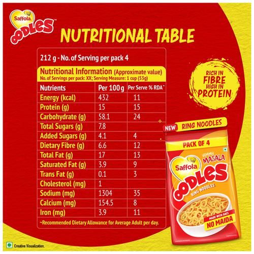Saffola Oodles Instant Noodles - No Maida, Yummy, Masala Flavour, 53 g (Pack of 4) 