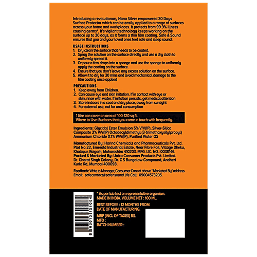 SAFE & SOUND 30 Days Surface Protector With Nano Silver, 100 ml  