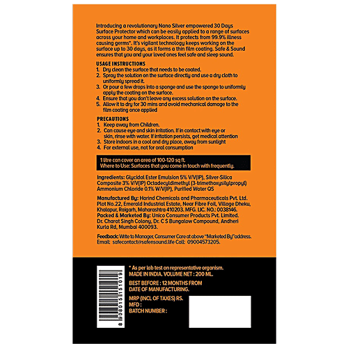 SAFE & SOUND 30 Days Surface Protector With Nano Silver, 200 ml  