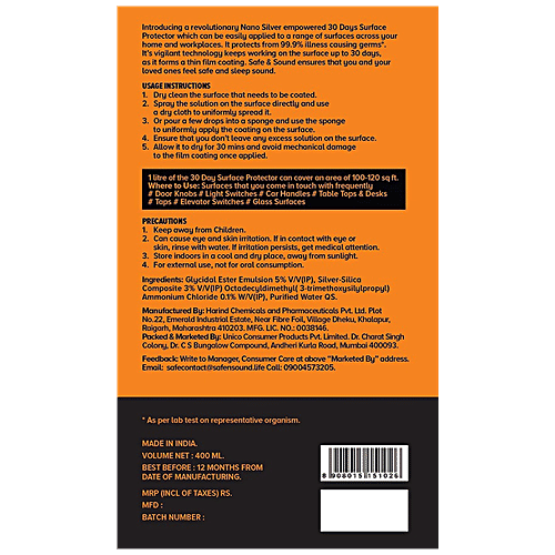 SAFE & SOUND 30 Days Surface Protector With Nano Silver, 400 ml  