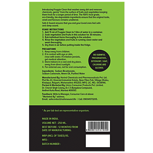 SAFE & SOUND 30 Minutes Fruggie Clean With Neem Oil, 250 ml  
