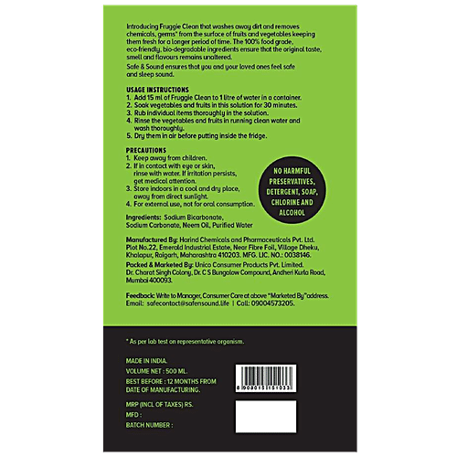 SAFE & SOUND 30 Minutes Fruggie Clean With Neem Oil, 500 ml  