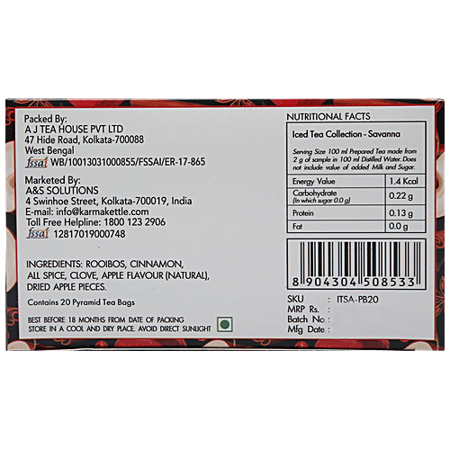 Karma Kettle Savanna Iced Tea With Spiced Apple & Rooibos, Caffeine Free, 40 g (20 Bags x 2 g each) Caffeine Free